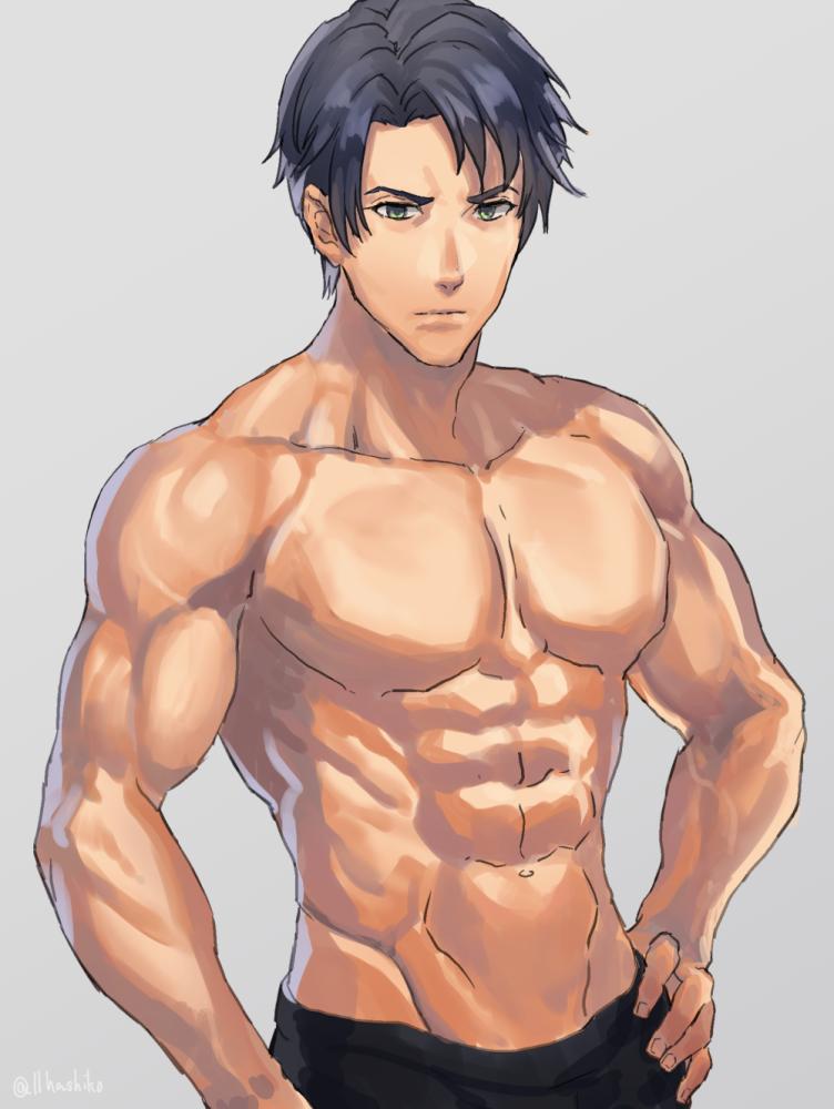 1boy abs black_hair fire_emblem fire_emblem:_path_of_radiance fire_emblem:_radiant_dawn hand_on_own_hip hashiko_(neleven) large_pectorals looking_at_viewer male_focus muscular muscular_male navel nintendo pectorals short_hair solo topless_male upper_body zelgius_(fire_emblem)