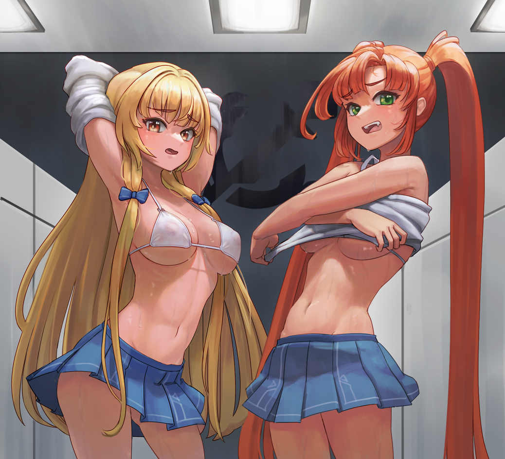 2girls ag-2c_sirene bikini bikini_under_clothes blonde_hair blue_skirt breasts ceiling_light changing_clothes cowboy_shot dress green_eyes hungr_(nyanom) indoors last_origin long_hair looking_at_viewer medium_breasts micro_bikini microskirt multiple_girls navel nereid_(last_origin) orange_hair pleated_skirt sailor_dress sirene_(last_origin) skirt standing swimsuit twintails undressing very_long_hair white_bikini