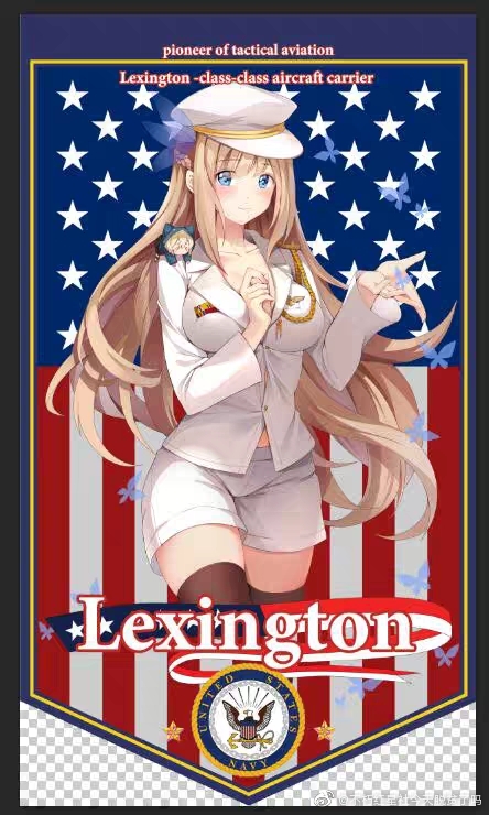 1girl american_flag blonde_hair blue_eyes blush breasts buxiuhongxingshe_jintiantuopinlema cleavage collarbone cowboy_shot english_text epaulettes feathers flag_background flower hair_flower hair_ornament hat jacket large_breasts lexington_(warship_girls_r) long_hair long_sleeves military military_uniform mini_person minigirl multiple_girls peaked_cap shirt shorts skirt smile solo thighhighs very_long_hair warship_girls_r watermark weibo_watermark white_jacket white_shirt white_shorts