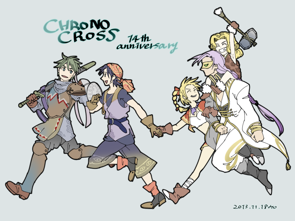 2girls 3boys bandaged_leg bandages bead_necklace beads blonde_hair boots breasts brown_footwear brown_gloves chrono_cross cleavage commentary_request crop_top cropped_jacket cropped_vest closed_eyes facial_mark full_body glenn gloves hair_tie high_ponytail jewelry kid_(chrono_cross) kinakira leah long_hair medium_breasts midriff multi-tied_hair multiple_boys multiple_girls necklace ponytail serge_(chrono_cross) smile vest