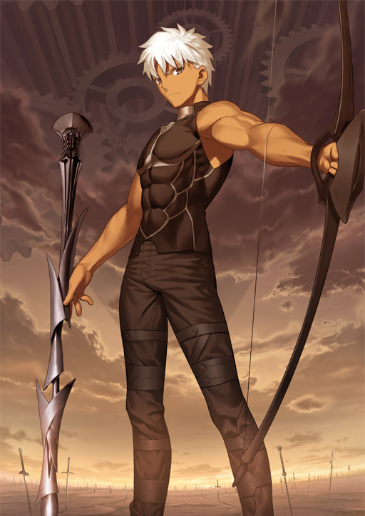 1boy archer_(fate) arrow_(projectile) black_pants black_shirt bow_(weapon) brown_eyes closed_mouth cloud cloudy_sky dark-skinned_male dark_skin dual_wielding fate/grand_order fate_(series) feet_out_of_frame frown gears holding holding_arrow holding_bow_(weapon) holding_weapon hrunting_(fate) looking_at_viewer male_focus official_art pants shirt short_hair sky sleeveless sleeveless_shirt solo spiked_hair standing takeuchi_takashi third-party_source v-shaped_eyebrows weapon white_hair