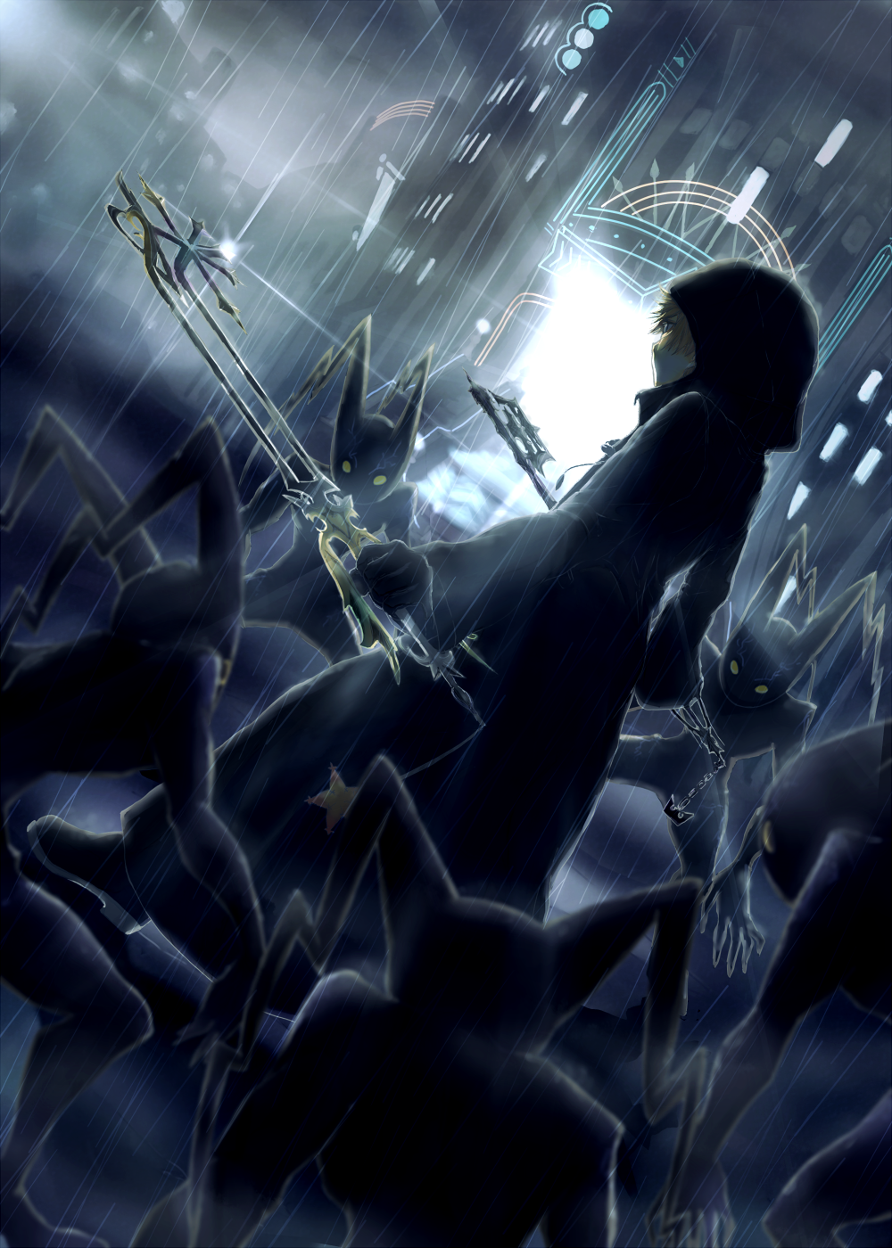 1boy black_coat black_coat_(kingdom_hearts) black_footwear blonde_hair city coat commentary_request dual_wielding heartless_(kingdom_hearts) highres holding holding_weapon hood hood_up keyblade kingdom_hearts neoshadow_(kingdom_hearts) night oathkeeper oblivion_(keyblade) rain roxas solo surrounded twilight_yuuhi weapon