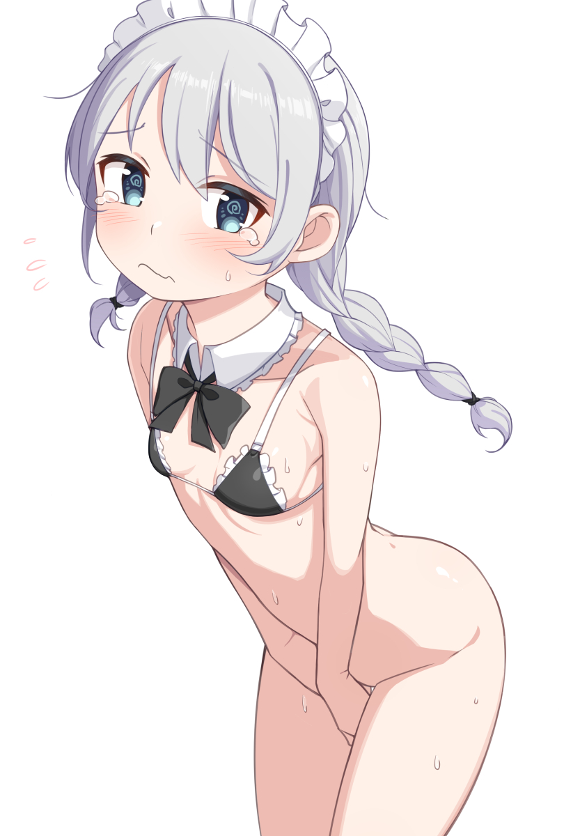 1girl @_@ bikini bikini_top_only black_bikini black_bow black_bowtie blue_eyes blush bottomless bow bowtie braid breasts closed_mouth copyright_request covering_privates covering_crotch detached_collar frilled_bikini frills grey_hair highres long_hair maid maid_bikini maid_headdress saiste simple_background small_breasts solo sweat swimsuit tears twin_braids unconventional_maid wavy_mouth white_background