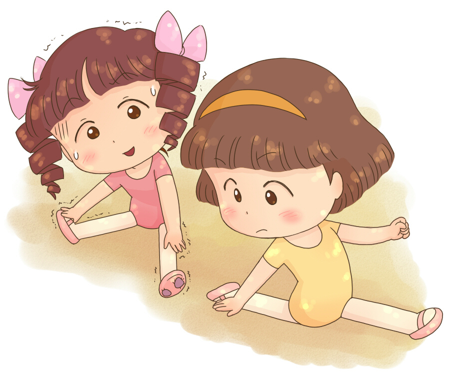 2girls ballerina ballet_slippers blush bow brown_eyes brown_hair chibi_maruko-chan drill_hair hair_bow jougasaki_himeko leotard long_hair looking_at_another looking_down multiple_girls open_mouth pantyhose pink_bow pink_leotard pink_shoes sasayama_kazuko shoes short_hair short_sleeves sitting smile stretching sweat trembling twin_drills white_background white_pantyhose yamanokonza yellow_leotard