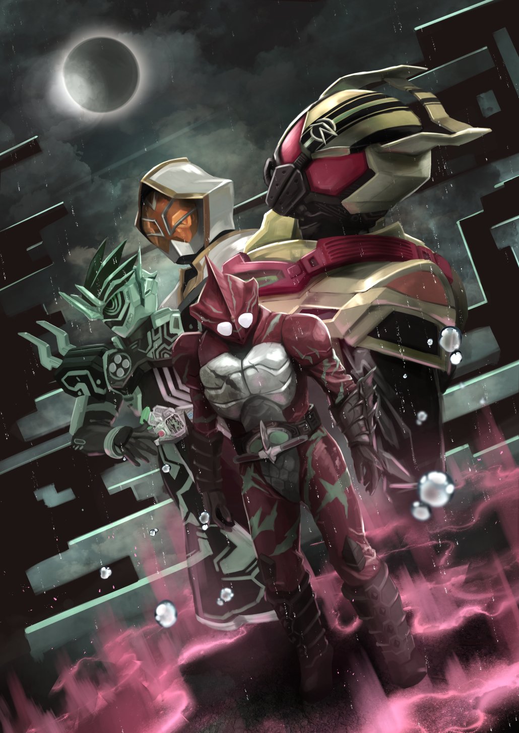 4boys armor belt black_armor black_hair bodysuit cape clock compound_eyes from_side gloves glowing glowing_eyes gold_armor gord_drive green_armor helmet highres holding horns jewelry kamen_rider kamen_rider_amazon_alpha kamen_rider_amazons kamen_rider_chronicle kamen_rider_cronus kamen_rider_drive_(series) kamen_rider_ex-aid_(series) kamen_rider_wizard_(series) looking_at_viewer male_focus mask multiple_boys red_armor red_eyes rider_belt standing the_white_wizard tokusatsu tsubasansan white_cape white_hood wizard