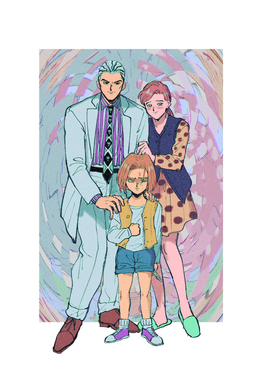 1girl 2boys border commentary diamond_wa_kudakenai dress formal_clothes highres jojo_no_kimyou_na_bouken kawajiri_hayato kawajiri_kosaku kawajiri_shinobu kira_yoshikage multiple_boys necktie oniyama831 polka_dot polka_dot_dress ponytail short_hair shorts slippers suit white_border