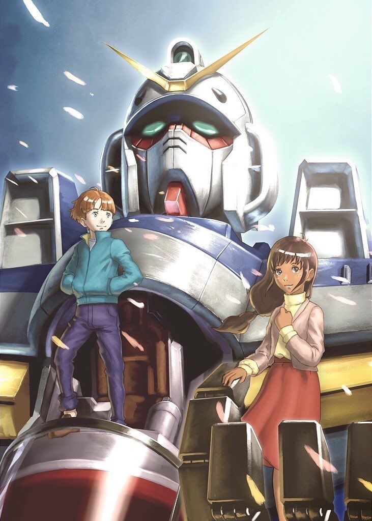 1boy 1girl artist_request blonde_hair brown_hair carrying carrying_person dark_skin fake_screenshot falling_petals gundam hands_in_pockets jacket long_hair looking_at_viewer looking_to_the_side machinery mecha mobile_suit petals realistic robot science_fiction shakti_kareen skirt uso_ewin v-fin v_gundam victory_gundam wind