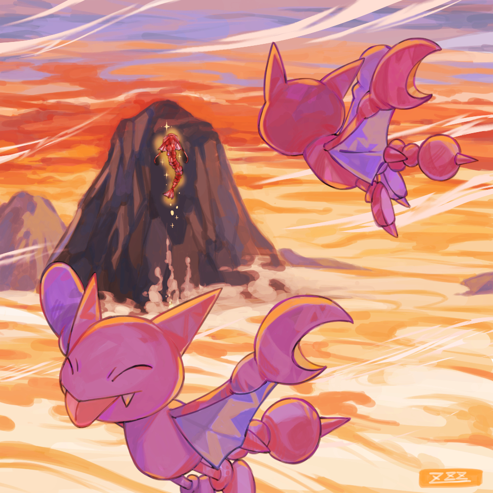 alternate_color closed_eyes commentary_request fangs flying gen_1_pokemon gen_2_pokemon gligar gyarados nintendo no_humans outdoors oyasuminjyutsu pokemon pokemon_(creature) shiny_pokemon signature sparkle tongue tongue_out