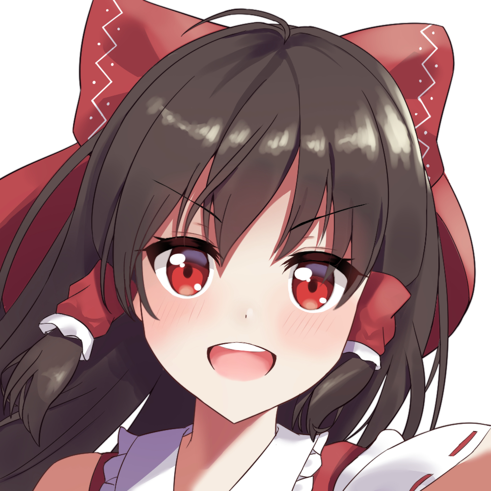 1girl ambasa blush bow brown_hair commentary_request frilled_hair_tubes frills hair_bow hair_tubes hakurei_reimu long_hair looking_at_viewer open_mouth red_bow red_eyes ribbon-trimmed_sleeves ribbon_trim solo touhou