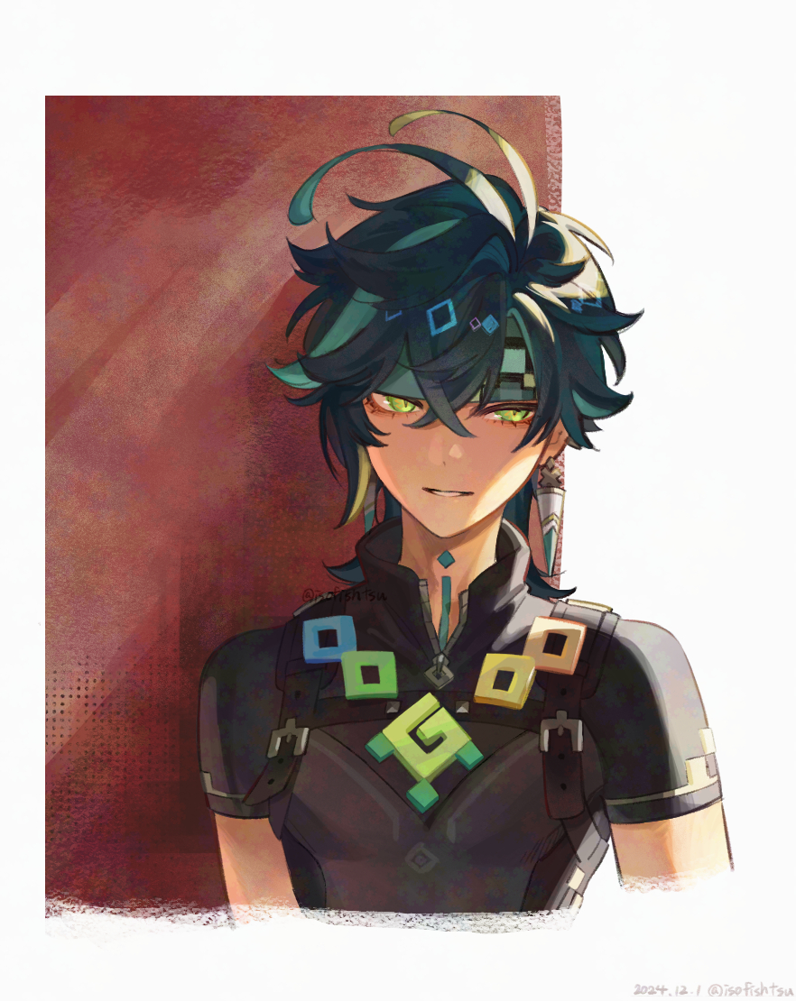 1boy black_hair black_shirt commentary_request cropped_torso crossed_bangs dated earrings genshin_impact green_eyes green_headband hair_between_eyes headband isofishtsu jewelry kinich_(genshin_impact) male_focus multicolored_hair parted_lips shirt short_sleeves simple_background solo twitter_username upper_body