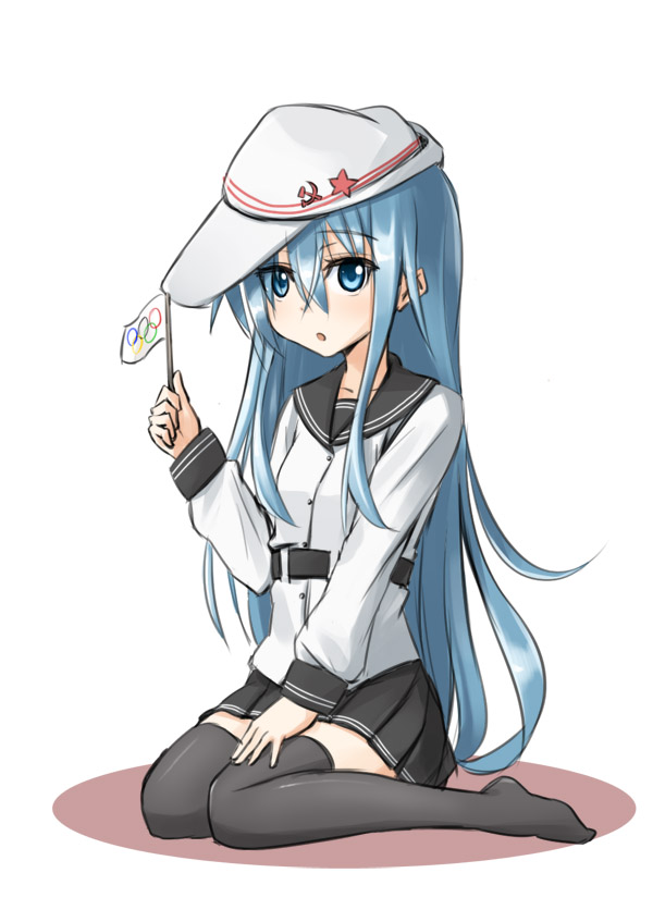 10s 1girl bad_id bad_pixiv_id blue_eyes blue_hair female_focus flag hibiki_(kancolle) kadokawa_shoten kantai_collection matching_hair/eyes olympic_flag school_uniform serafuku silent_sakia solo verniy_(kancolle)