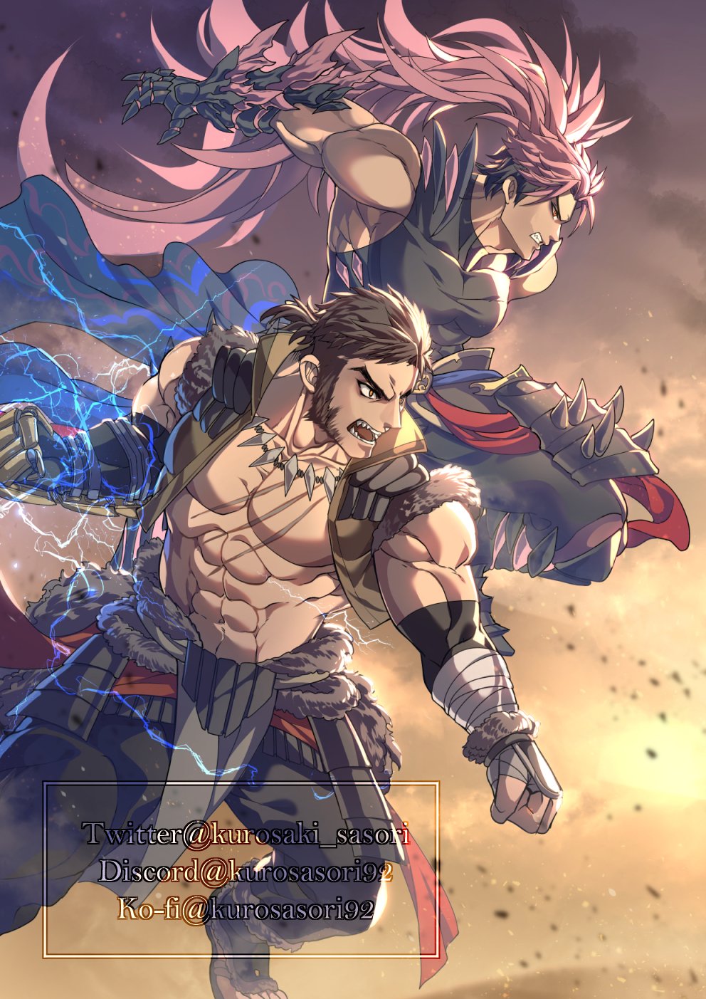 2boys b.e.a.s.t._glove black_hair brown_hair clawed_gauntlets crossover electricity electrified_gauntlets electrified_gloves electrified_weapon electroshock_weapon energy gauntlets godzilla godzilla_(monsterverse) godzilla_(series) godzilla_evolved godzilla_x_kong:_the_new_empire highres kaiju king_kong king_kong_(series) kong:_skull_island kong_(monsterverse) kurosaki_sasori legendary_pictures lightning long_hair monsterverse multiple_boys personification pink_eyes pink_hair scar scar_on_chest toho very_long_hair weapon yellow_eyes