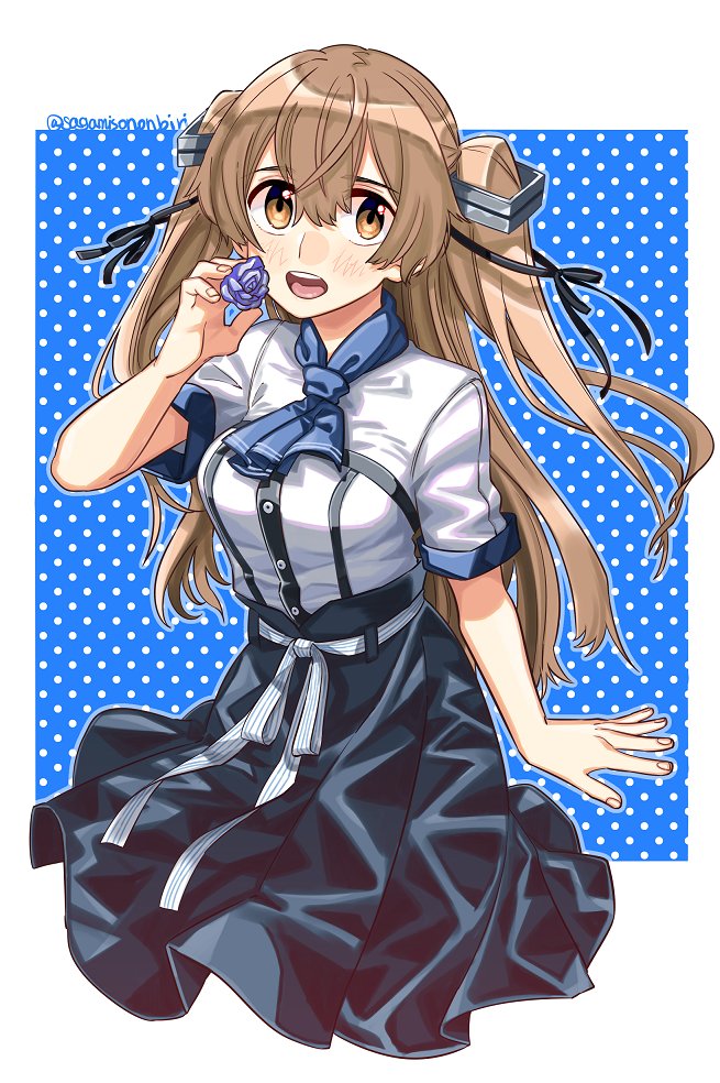 1girl black_skirt breasts brown_eyes cowboy_shot flower hair_ribbon johnston_(anniversary)_(kancolle) johnston_(kancolle) kantai_collection light_brown_hair long_hair long_skirt medium_breasts neckerchief ribbon sagamiso shirt skirt solo twitter_username two_side_up white_ribbon white_shirt
