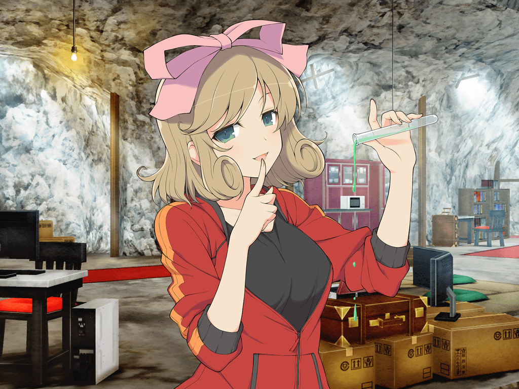 1girl :d black_sports_bra blush bookshelf bow box breasts brown_hair cabinet cardboard_box cave chair chemicals collarbone computer curly_hair desk finger_to_mouth green_eyes hair_bow haruka_(senran_kagura) holding holding_test_tube large_breasts looking_at_viewer microwave monitor official_art open_mouth pink_bow pouring red_track_jacket red_track_suit senran_kagura senran_kagura_new_link senran_kagura_shoujo-tachi_no_shin&#039;ei short_hair smile solo sports_bra table test_tube track_suit vial yaegashi_nan