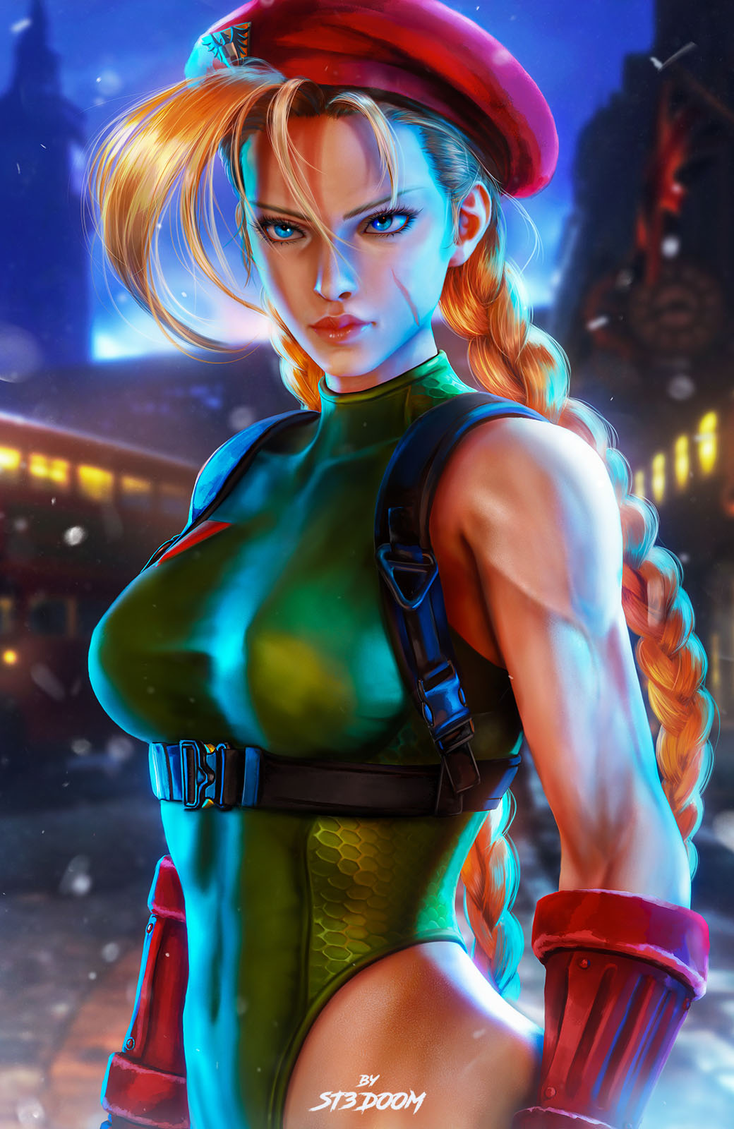 1girl abs bare_shoulders blonde_hair blue_eyes braid breasts cammy_white hat highleg highleg_leotard highres large_breasts leotard lips long_hair sleeveless st3doom street_fighter