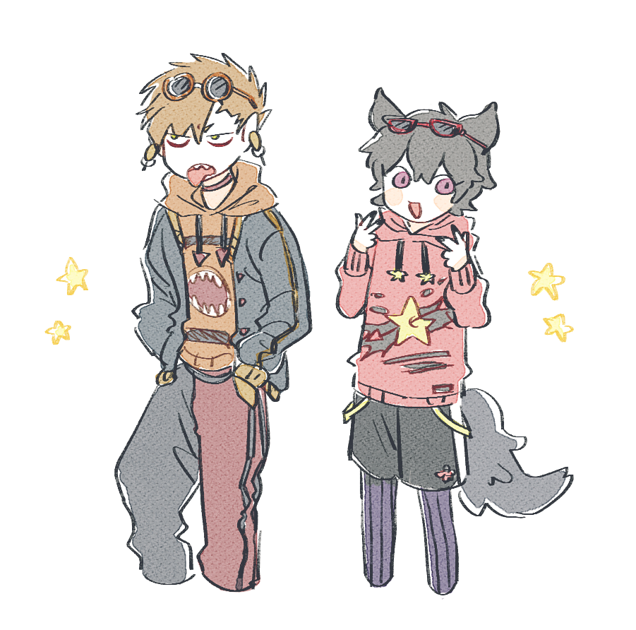 2boys ahoge animal_ears annoyed arne_no_jikenbo asymmetrical_hair belt black_belt black_hair black_jacket black_nails black_pants black_shorts blonde_hair blush_stickers buttons casual commentary commentary_request cropped_legs double_v earrings english_commentary eyewear_on_head floral_print gold_earrings green_eyes hair_between_eyes hands_in_pockets happy hood hood_down hoodie jacket jewelry korean_commentary long_sleeves looking_at_viewer male_focus messy_hair mixed-language_commentary multiple_boys nachzehrer nail_polish open_mouth orange-framed_eyewear orange_hoodie pants pantyhose pocket pointy_ears purple_eyes purple_pantyhose red-framed_eyewear red_hoodie red_pants round_eyewear sharp_teeth short_hair shorts shuntaro_(tya_nya0000) simple_background smile standing star_(symbol) star_print striped_clothes striped_pantyhose sunglasses sweatpants tail teeth tongue track_jacket triangular_eyewear two-tone_pants upper_teeth_only v vertical-striped_clothes vertical-striped_pantyhose white_background wolf_boy wolf_ears wolf_tail zisye