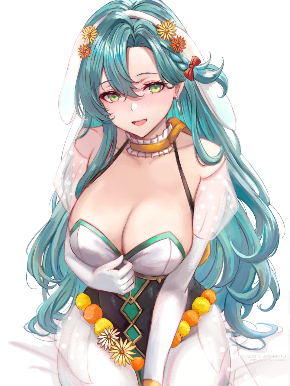 1girl animal_ears aqua_hair breasts chloe_(fire_emblem) chloe_(spring)_(fire_emblem) choker cleavage detached_sleeves fake_animal_ears fire_emblem fire_emblem_engage fire_emblem_heroes gloves green_eyes highres large_breasts leonmandala long_hair looking_at_viewer nintendo official_alternate_costume orange_choker pantyhose puffy_short_sleeves puffy_sleeves pulling_own_clothes rabbit_ears short_sleeves sitting smile solo very_long_hair white_gloves white_pantyhose yellow_choker