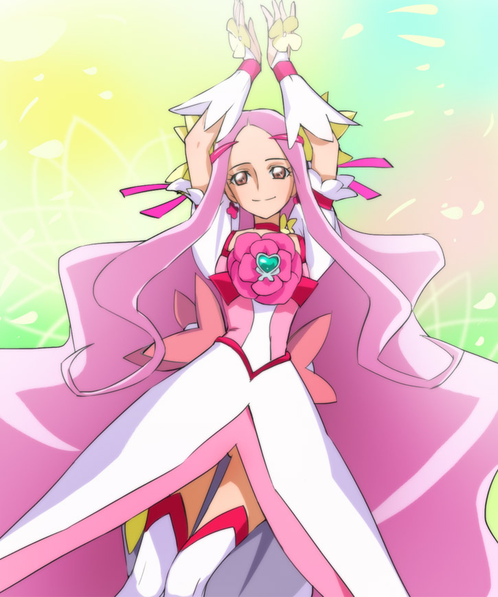 10s 1girl arms_up brooch cure_flower female_focus flower hanasaki_kaoruko haruyama_kazunori heart heart_brooch heartcatch_precure! jewelry long_hair magical_girl pink_eyes pink_hair precure rose smile solo very_long_hair wrist_cuffs