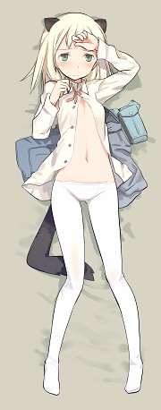 1girl animal_ears blonde_hair dakimakura_(medium) elma_leivonen female_focus full_body green_eyes lowres lying on_back pantyhose shimada_fumikane short_hair solo strike_witches strike_witches:_suomus_misfits_squadron tail white_pantyhose world_witches_series