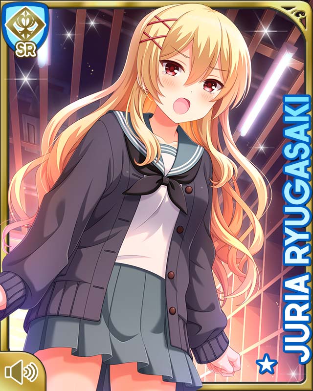 1girl black_cardigan black_neckwear blonde_hair breasts card_(medium) cardigan character_name earrings girlfriend_(kari) grey_skirt jewelry long_sleeves official_art open_mouth outdoors pleated_skirt qp:flapper red_eyes ryugasaki_juria sailor_collar school_uniform shirt skirt standing tagme white_shirt