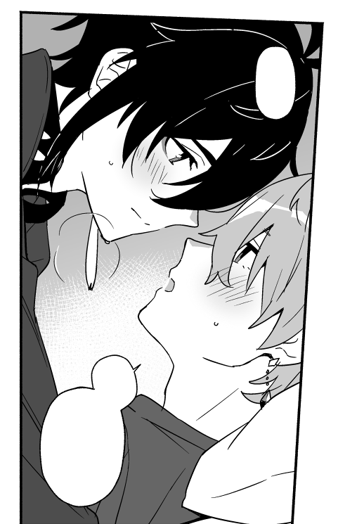 2boys 44dots bad_tag genshin_impact greyscale monochrome multiple_boys tartaglia_(genshin_impact) twitter white_background yaoi zhongli_(genshin_impact)