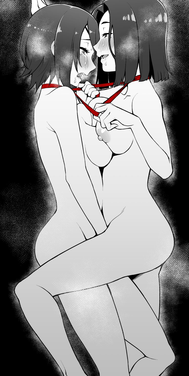 2girls autoerotic_asphyxiation blush breast_press breasts breathplay completely_nude crying from_side greyscale highres holding_hands kantai_collection large_breasts monochrome multiple_girls neck_ribbon nipples nude open_mouth profile ribbon short_hair simple_background symmetrical_docking tatsuta_(kancolle) tears tenryuu_(kancolle) tkhs yuri