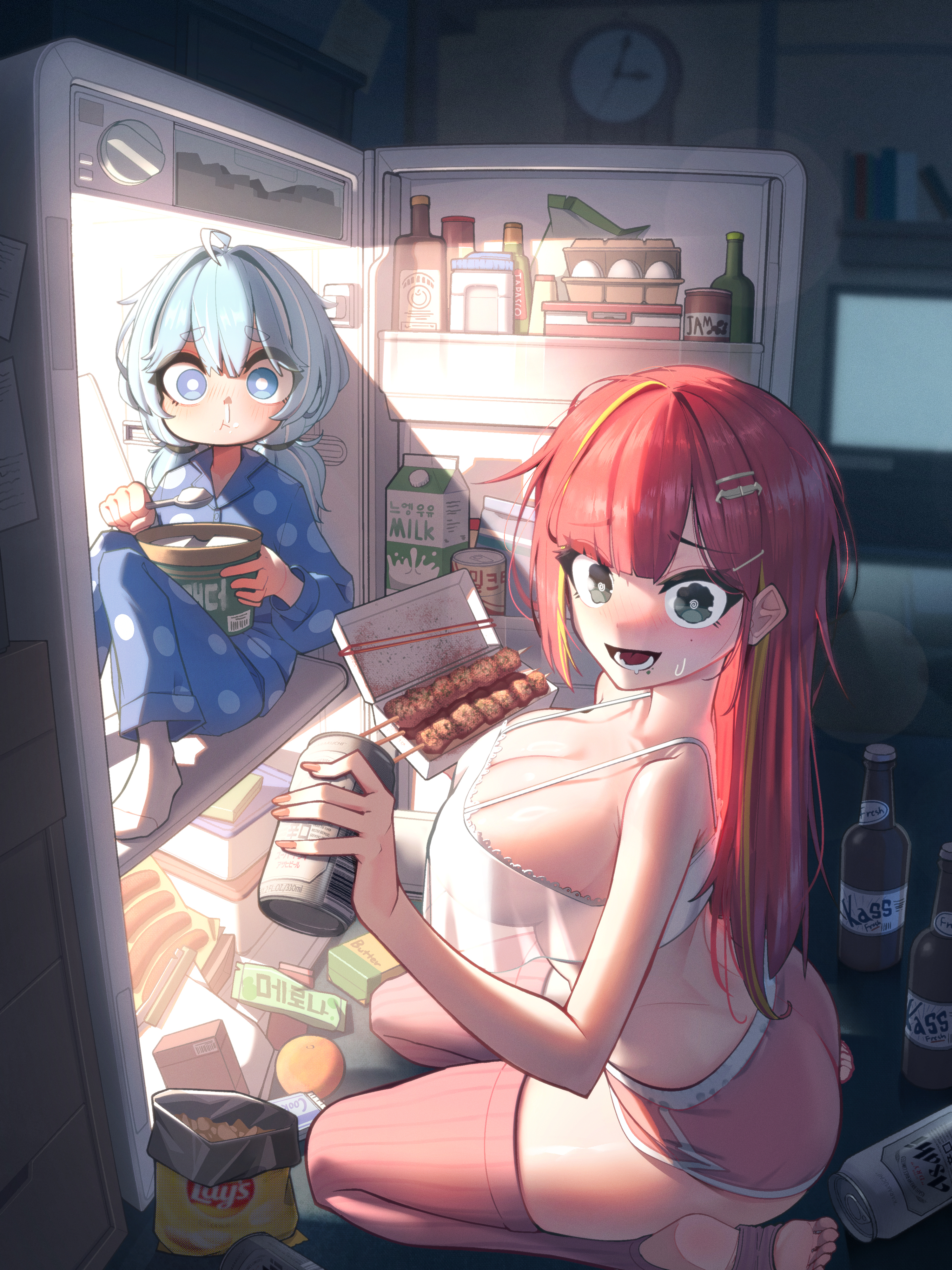 2girls :t @_@ absurdres akane_lize arahashi_tabi ass bag_of_chips blonde_hair blue_eyes blue_hair blue_pajamas blush bottle box breasts bright_pupils can caught chips_(food) cleavage clock closed_mouth crop_top crop_top_overhang drink_can drooling egg_(food) embarrassed fingernails fisheye food food_on_face food_packaging fruit grey_eyes hair_ornament hairclip highres holding holding_can holding_spoon in_container in_refrigerator indoors large_breasts lay's_(potato_chips) long_hair long_sleeves looking_at_viewer low_twintails milk_carton mouth_drool multicolored_hair multiple_girls nervous_smile nose_blush open_mouth pajamas parted_bangs polka_dot polka_dot_pajamas potato_chips red_hair refrigerator refrigerator_interior sausage see-through_clothes see-through_silhouette shin_dohan short_eyebrows shorts sideboob sidelocks sitting sleepwear smile snot socks soles spaghetti_strap spoon stellive stirrup_legwear strap_gap television thighhighs toeless_legwear toes twintails two-tone_hair virtual_youtuber wall_clock white_pupils