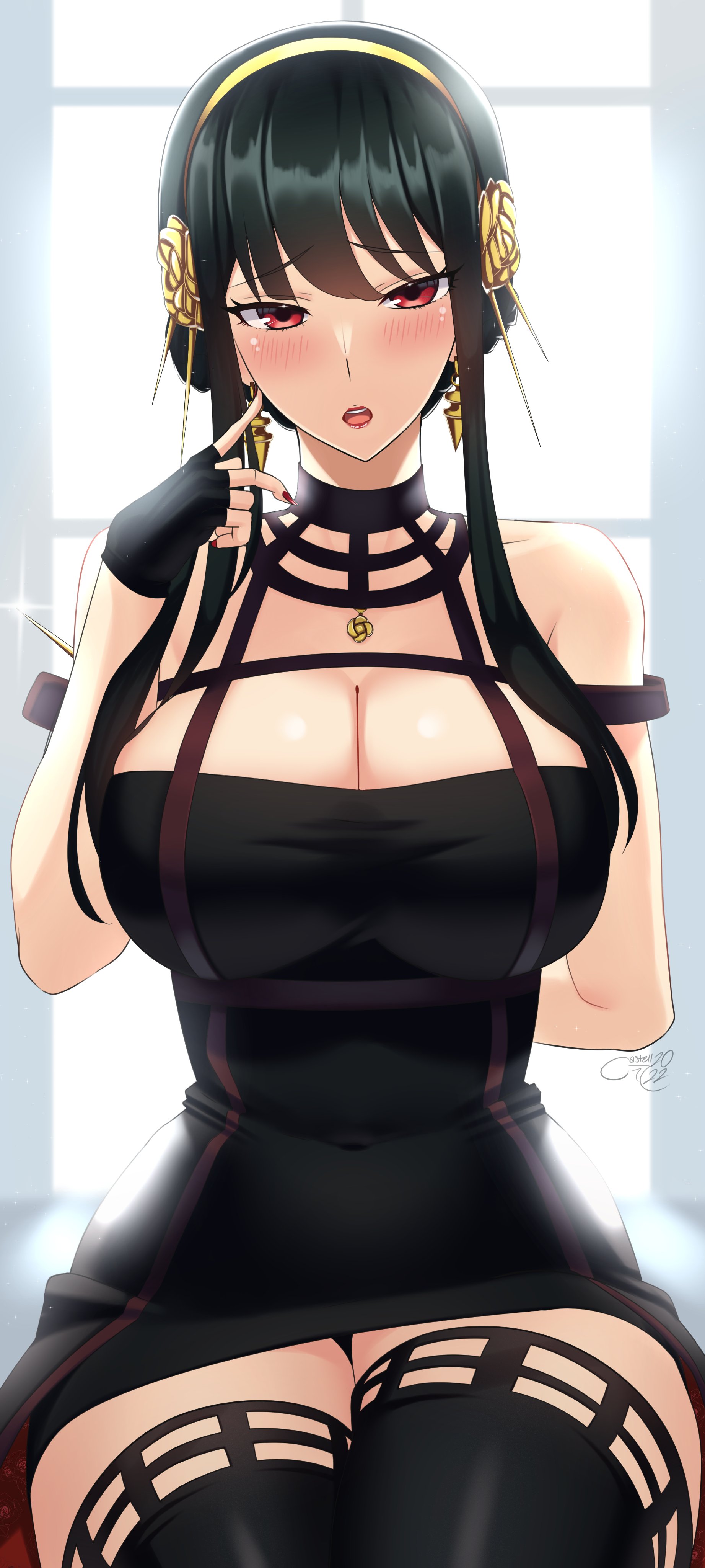 castell, yor briar, spy x family, absurdres, highres, 1girl, bare  shoulders, black dress, black gloves, black hair, breasts, cleavage, closed  mouth, covered navel, dress, earrings, gloves, hairband, jewelry, large  breasts, long hair,