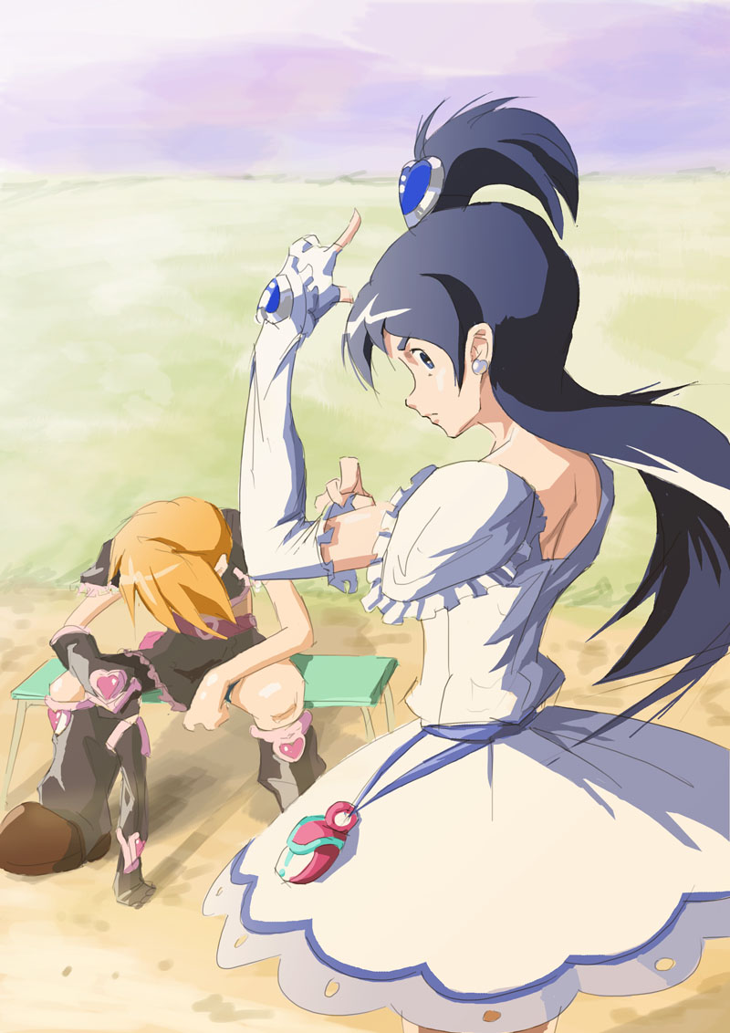 00s 2girls bench bent_over blue_hair cellphone commentary cure_black cure_white earrings elbow_gloves fingerless_gloves from_behind futari_wa_precure gloves unworn_gloves jewelry leaning_forward long_hair looking_back looking_down magical_girl misumi_nagisa multiple_girls orange_hair phone precure short_hair simonori single_elbow_glove sitting skirt topknot yukishiro_honoka