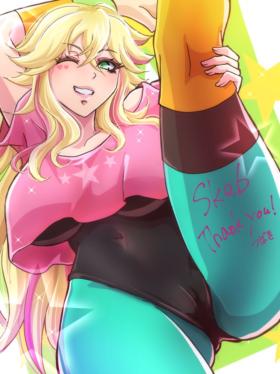 1girl ;d alternate_costume aqua_pantyhose artist_name black_leotard blonde_hair breasts cameltoe collarbone commentary commission english_commentary facial_mark green_eyes hair_between_eyes heart heart_facial_mark highres leg_up leotard lulu_lasso multicolored_hair nexas_(vtuber) one_eye_closed open_mouth pantyhose pink_hair pink_shirt second-party_source shirt skeb_commission smile solo star_(symbol) streaked_hair thank_you tsubaki_pbwfa virtual_youtuber
