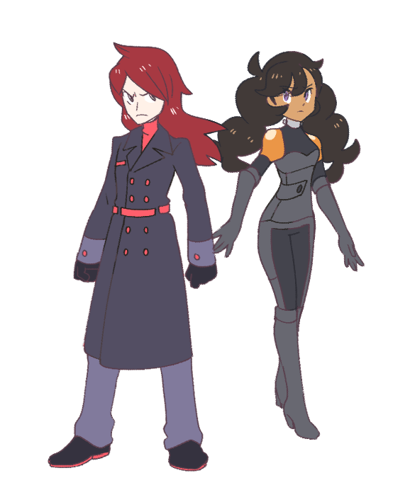 1boy 1girl alternate_costume alternate_universe black_coat black_gloves black_hair clenched_hands coat commission dark-skinned_female dark_skin emma_(pokemon) essentia_(pokemon) full_body gloves nintendo pokemon pokemon_hgss pokemon_xy purple_eyes silver_(pokemon) simple_background standing vergolophus white_background