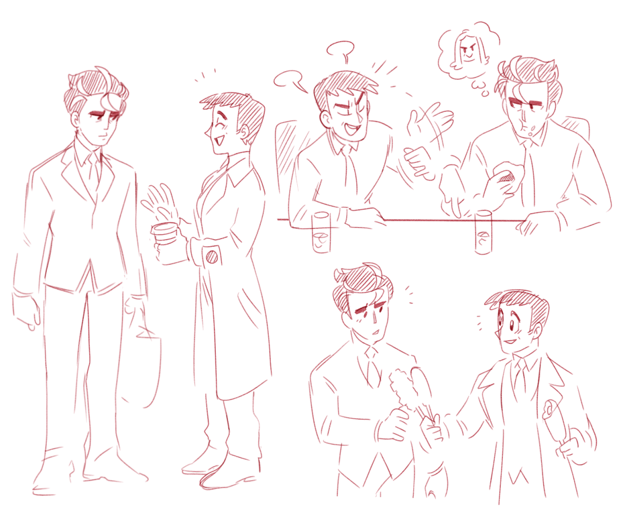 2boys cup food hassel_(pokemon) holding holding_cup larry_(pokemon) looker_(pokemon) looking_at_another male_focus monochrome multiple_boys multiple_views necktie nintendo onigiri pokemon pokemon_dppt pokemon_sv standing thick_eyebrows vergolophus