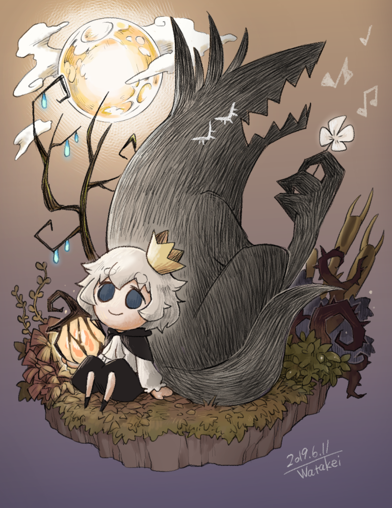 1boy black_cape black_pants blind_prince bush cape crown flower grass lantern liar_princess_(wolf_form) moon musical_note pants shirt usotsuki_hime_to_moumoku_ouji watakei_(16161717) white_hair white_shirt wolf