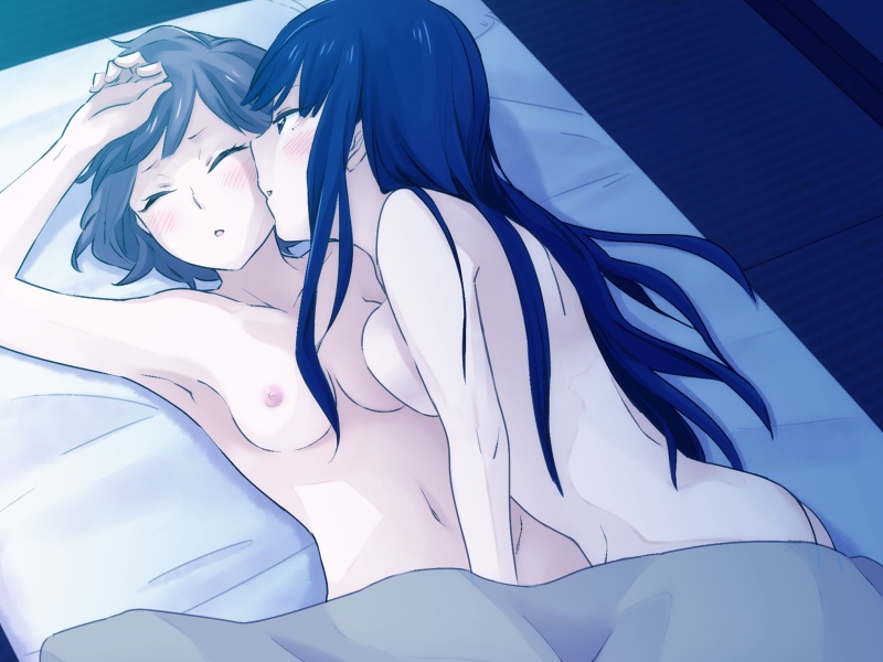 2girls armpits bed black_hair blush breast_press breasts enoki_sachi fingering liar-soft long_hair multiple_girls nagatani_megumi night nude okujou_no_yurirei-san under_covers yuri