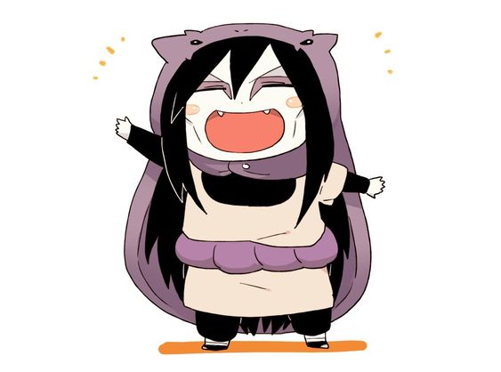 ^_^ animal_costume arms_up artist_request blush_stickers cape chibi closed_eyes eyeliner fangs happy hood hooded_cape laughing layered_sleeves long_hair long_sleeves makeup manda_(naruto) naruto_(series) naruto_shippuuden open_mouth orochimaru_(naruto) pale_skin rope_belt short_over_long_sleeves short_sleeves sunken_cheeks