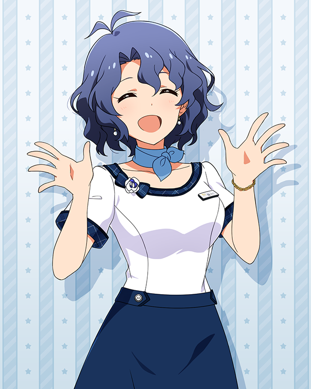 1girl anime_coloring antenna_hair aqua_background blue_hair blue_skirt blush breasts business_card card_(medium) collarbone cowboy_shot drop_shadow earrings hands_up idolmaster idolmaster_million_live! idolmaster_million_live!_theater_days jewelry large_breasts looking_at_viewer official_art open_hands open_mouth palms pencil_skirt shirt short_hair short_sleeves skirt smile solo star_(symbol) stole summer_office_(idolmaster) summer_uniform_series_(idolmaster) toyokawa_fuka wavy_hair white_shirt