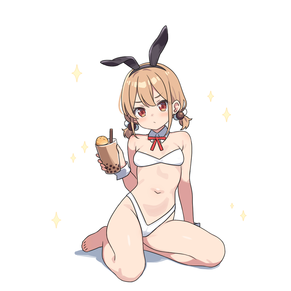 1girl animal_ears bare_arms bare_legs bare_shoulders barefoot black_hairband breasts brown_hair bubble_tea closed_mouth collar cup detached_collar disposable_cup drinking_straw fake_animal_ears full_body hair_bobbles hair_ornament hairband hatsunatsu holding holding_cup looking_at_viewer low_twintails navel rabbit_ears red_eyes shadow short_twintails simple_background small_breasts solo sparkle twintails v-shaped_eyebrows white_background white_collar wrist_cuffs xiaoyuan_(you_can_eat_the_girl) you_can_eat_the_girl