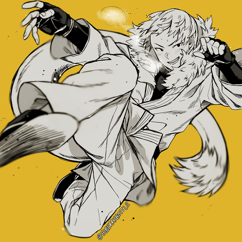 1boy ankle_boots belt blurry blush boku_no_hero_academia boots breath clothing_request commentary depth_of_field dougi fingerless_gloves floating_hair full_body fur-tipped_tail fur-trimmed_collar fur_trim gloves greyscale_with_colored_background hands_up kicking legs_up long_sleeves looking_at_viewer lowah lower_teeth_only male_focus midair no_pupils ojiro_mashirao open_mouth outstretched_arm outstretched_leg pants shoe_soles short_hair sideways_glance simple_background smile solo sweat tail teeth twitter_username v-shaped_eyebrows yellow_background
