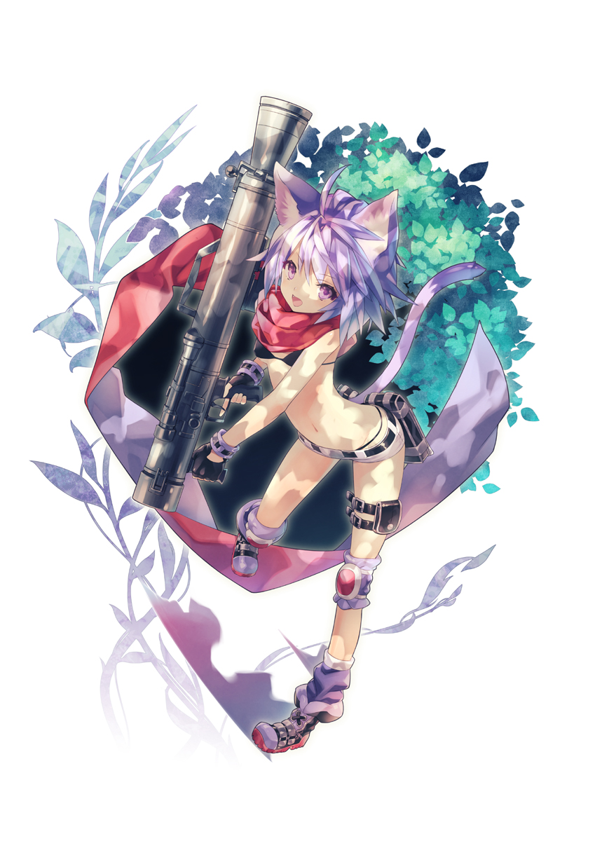 1girl animal_ears arched_back bikini bikini_top_only black_bikini black_gloves boots carl_gustaf_recoilless_rifle cat_ears cat_tail female_focus fingerless_gloves gloves highres hirano_katsuyuki knee_pads m1_bazooka original purple_eyes purple_hair red_scarf rocket_launcher scarf short_shorts shorts simple_background solo standing standing_on_one_leg swimsuit tail thigh_strap weapon