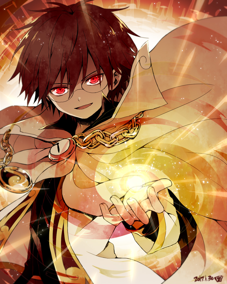 1boy brown_hair cape chain clock dated glasses glowing hair_between_eyes hana_(mew) highres klug_(puyopuyo) light_particles looking_at_viewer magic male_focus open_mouth puyopuyo puyopuyo_fever red_eyes short_hair signature solo strange_klug upper_body