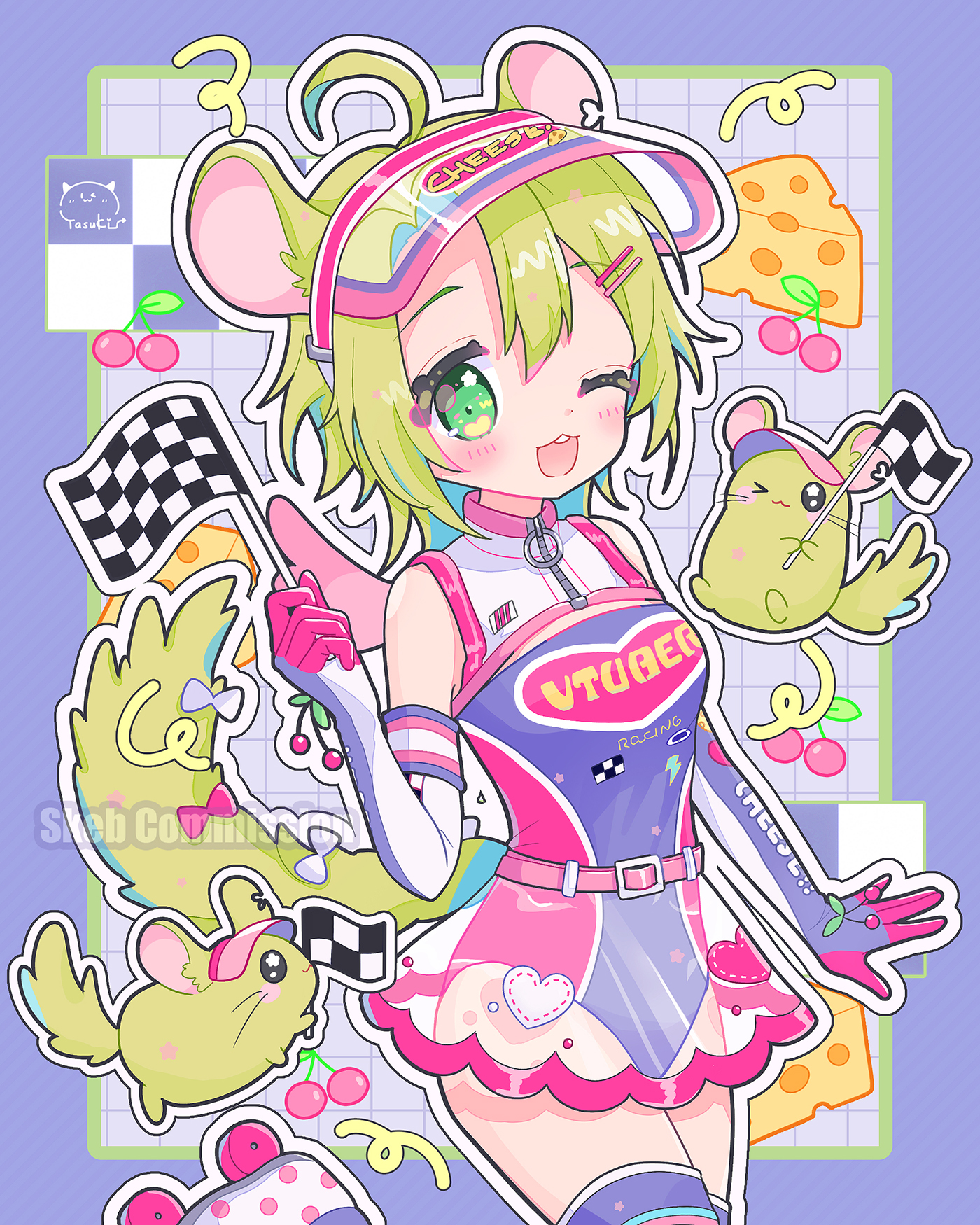 >_o 1girl :3 ahoge ashton_marten_(vtuber) bare_shoulders belt blush bow checkered_flag cheese cherry chinchilla_(animal) chinchilla_ears chinchilla_girl chinchilla_tail clothes_writing commission elbow_gloves flag food fruit gloves green_hair heart highres holding holding_flag indie_virtual_youtuber one_eye_closed open_mouth outline pink_belt race_queen roller_skates see-through_clothes see-through_skirt short_hair skates skeb_commission skirt smile tail tail_bow tail_ornament tasuki6918 teeth upper_teeth_only virtual_youtuber visor_cap watermark white_bow white_outline