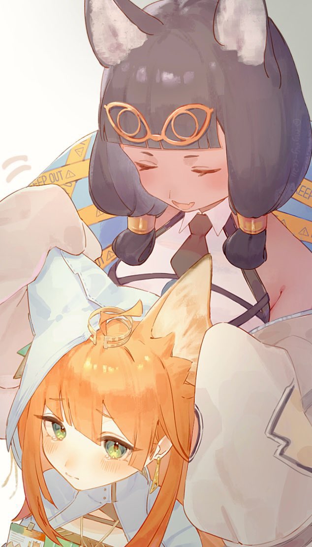 2girls ahoge animal_ears arknights black_hair black_necktie blush cat_ears cloak closed_eyes commentary dark-skinned_female dark_skin dress green_dress green_eyes helping hood hooded_cloak jewelry looking_at_viewer looking_up medjehtiqedti_(arknights) mgmg_cc211 multiple_girls necklace necktie orange_hair papyrus_(arknights) simple_background upper_body white_background white_cloak white_dress