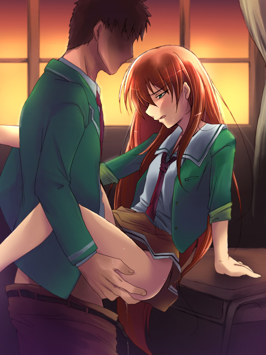 1boy 1girl afterglow akai_homura arm_support ass ass_grab blush classroom clothed_sex cum cumdrip curtains desk faceless faceless_male half-closed_eyes hetero highres kaiga long_hair open_mouth orange_hair school school_uniform serafuku sex small_breasts standing sunset sweat sweater_vest tokimeki_memorial tokimeki_memorial_2 vaginal window