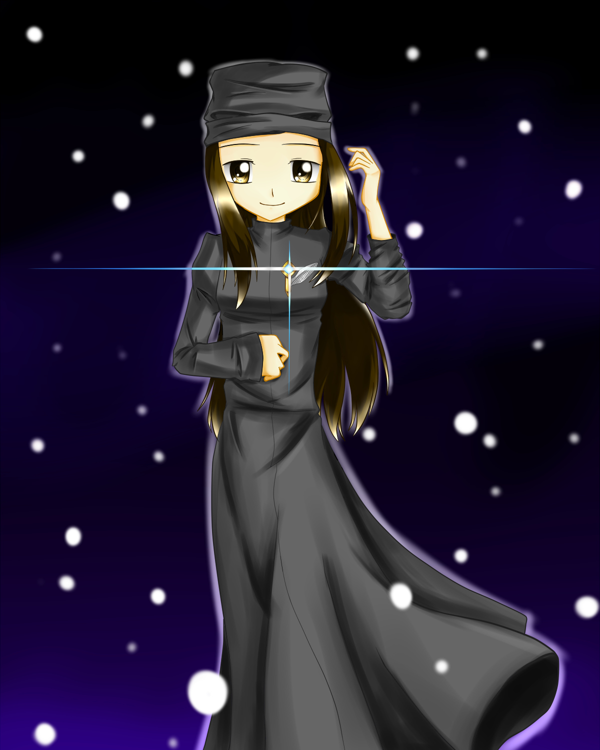 1girl badge black_dress black_headwear blue_background breasts brown_eyes brown_hair dress hat highres julie_(ultraman_cosmos) just_lancer long_hair long_sleeves looking_at_viewer medium_breasts octavia_(pixiv) smile snow standing ultra_series ultraman_cosmos_(series)