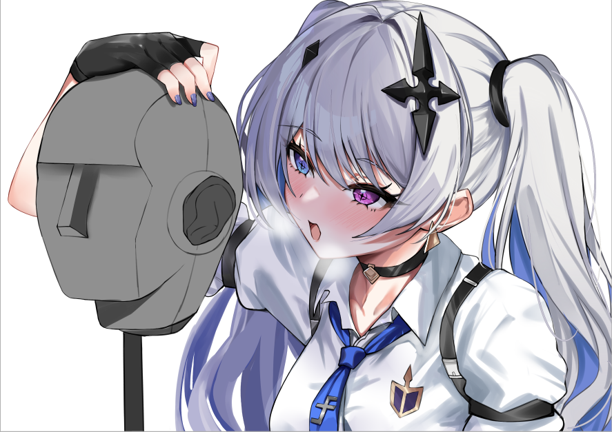 1girl asmr binaural_microphone black_choker black_gloves blowing_in_ear blue_eyes blue_hair blue_nails blue_necktie breasts breath chest_harness choker cross cross-shaped_pupils cross_hair_ornament dress_shirt dummy earrings gloves grey_hair hair_ornament hand_on_another&#039;s_head harness heterochromia inverted_cross jewelry large_breasts long_hair microphone necktie nemun_(tamizzz) neo-porte neumann_ku_100 purple_eyes shirt simple_background solo symbol-shaped_pupils tentei_forte tentei_forte_(2nd_costume) triangle_earrings twintails upper_body virtual_youtuber white_background white_shirt wing_collar