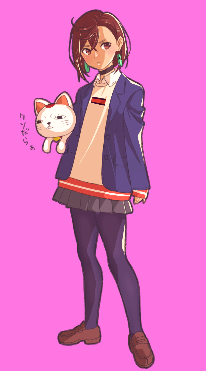1girl ayase_momo black_choker brown_eyes brown_hair choker commentary_request dandadan earrings expressionless eyelashes highres jewelry jj_(ssspulse) looking_at_viewer pantyhose purple_background shirt shoes simple_background skirt solo standing translation_request turbo_granny_(dandandan)