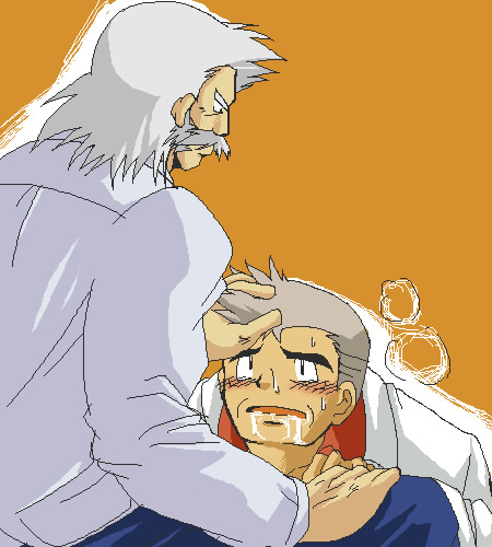2boys artist_request bara cum cum_in_mouth hand_on_head lowres male_focus multiple_boys nintendo old old_man pokemon pokemon_(anime) professor_rowan professor_oak silver_hair sitting steam yaoi