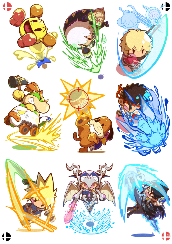 04sora40 afterimage anger_vein armor bayonetta bayonetta_(series) bird black_hair blonde_hair book bowser_jr. chibi closed_mouth cloud_strife commentary_request corrin_(fire_emblem) corrin_(male)_(fire_emblem) dog dog_(duck_hunt) dragon_wings drum_(container) dual_wielding duck duck_(duck_hunt) duck_hunt final_fantasy final_fantasy_vii fire_emblem fire_emblem_awakening full_body glasses gloves grin gun hadouken hammer headband high_heels holding holding_book holding_gun holding_hammer holding_sword holding_weapon horns kicking koopa_clown_car male_robin_(fire_emblem) monado nintendo open_mouth orange_gloves orange_hair pac-man pac-man_(game) pac-man_eyes red_headband red_shoes ryu_(street_fighter) shoes short_hair shulk_(xenoblade) simple_background smile spiked_hair street_fighter super_smash_bros. sword teeth v-shaped_eyebrows water weapon white_background white_hair wings xenoblade_chronicles_(series) xenoblade_chronicles_1