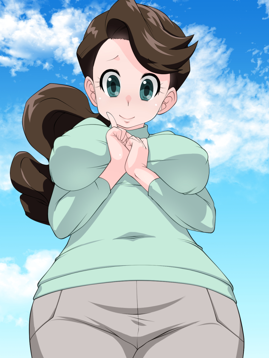 1girl bakugan bakugan:_battle_planet barbara_kouzo between_breasts blue_sky breasts brown_hair closed_mouth cloud covered_erect_nipples covered_navel cowboy_shot day dot_nose embarrassed eyebrows eyelashes female_focus finger_to_own_chin from_below green_eyes green_sweater grey_pants hand_between_breasts hands_up huge_breasts index_finger_raised long_hair long_sleeves looking_at_viewer looking_down low_ponytail mature_female nervous nervous_smile nurugamer-kouyouju outdoors pants ponytail shy sky smile solo standing sweater turtleneck turtleneck_sweater variant_set wide_hips