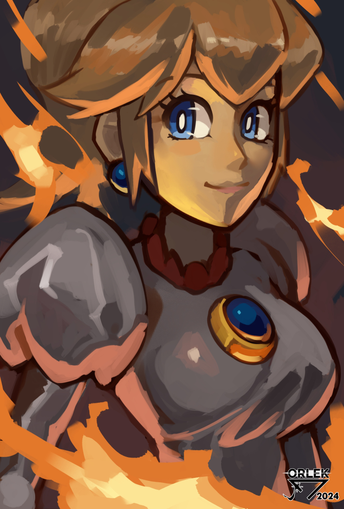 1girl alternate_costume artist_name blonde_hair blue_eyes breasts dress fire fire_peach large_breasts long_hair looking_at_viewer mario_(series) nintendo orlek pink_lips ponytail princess_peach smile super_mario_3d_world
